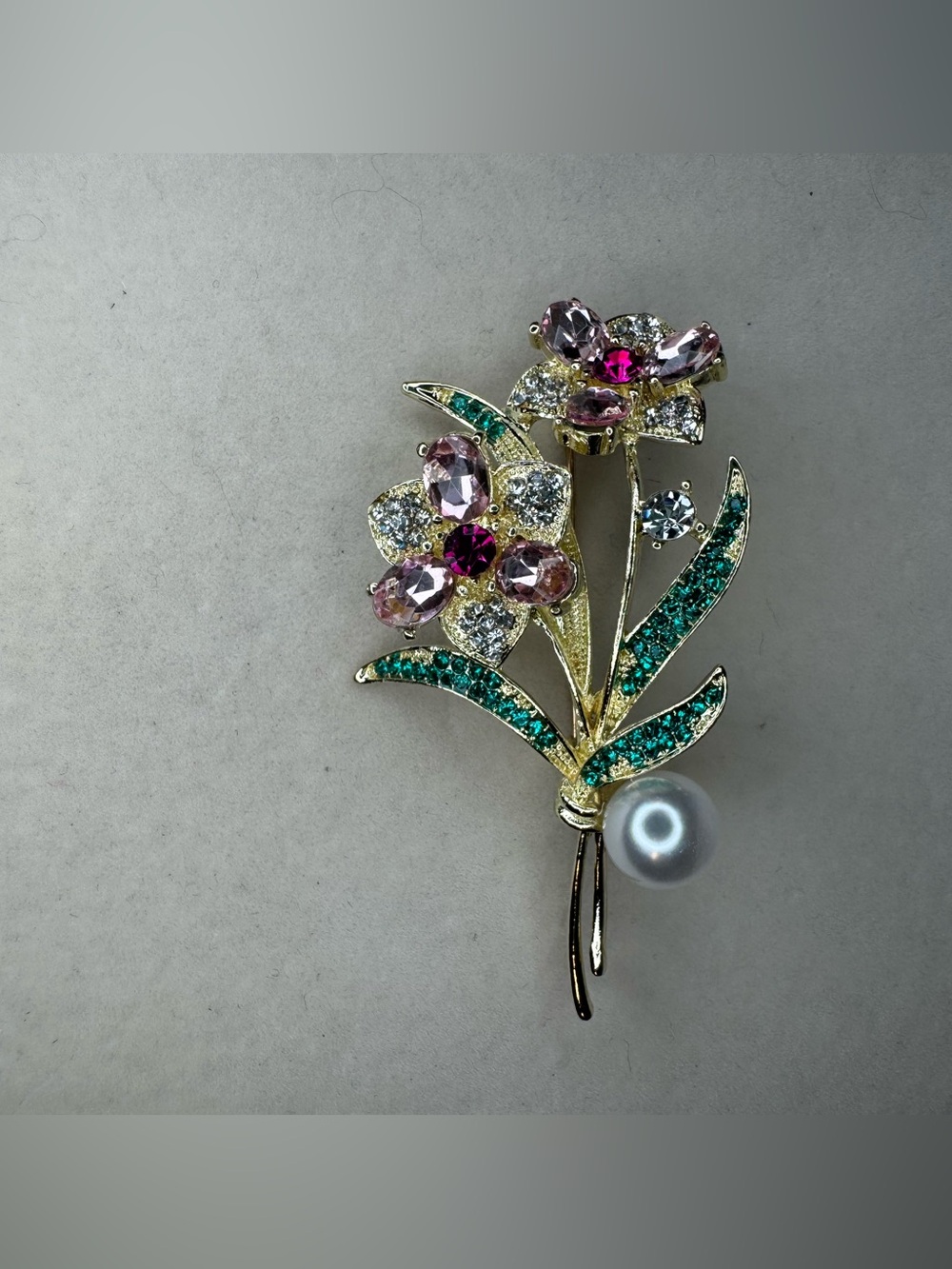 New Gold Floral Crystal & Pearl Brooch - Pink, Green & White